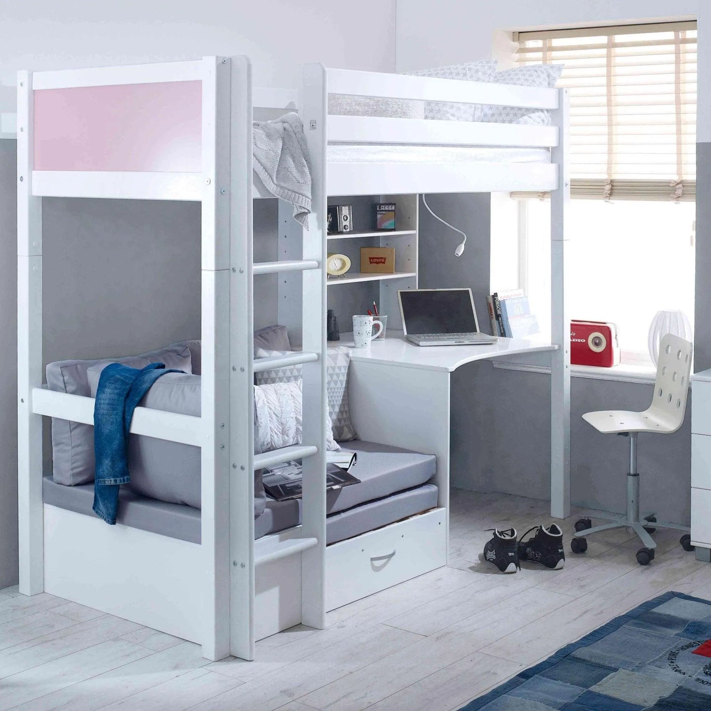Nordic High Sleeper Loft Bed with Desk, Shelves & Chair Bed